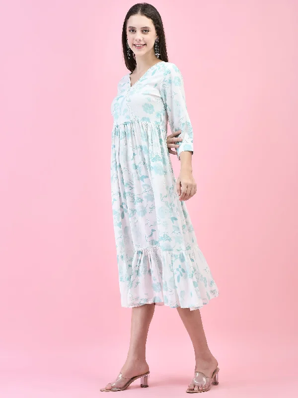 Women Liva (Rayon) Off White Tropical Print Dress