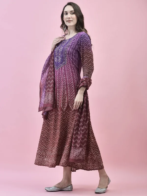 Women Liva Rayon Purple Embroidered Dress With Dupatta