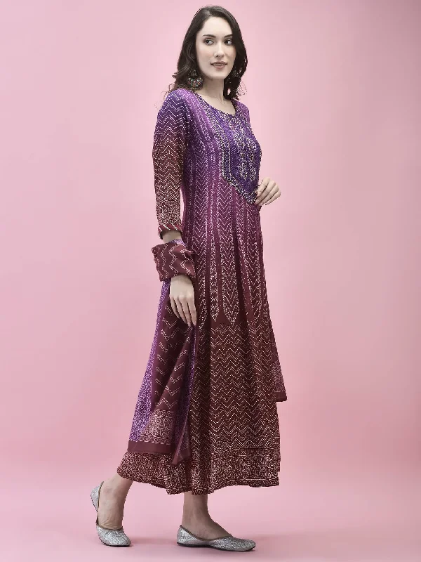 Women Liva Rayon Purple Embroidered Dress With Dupatta