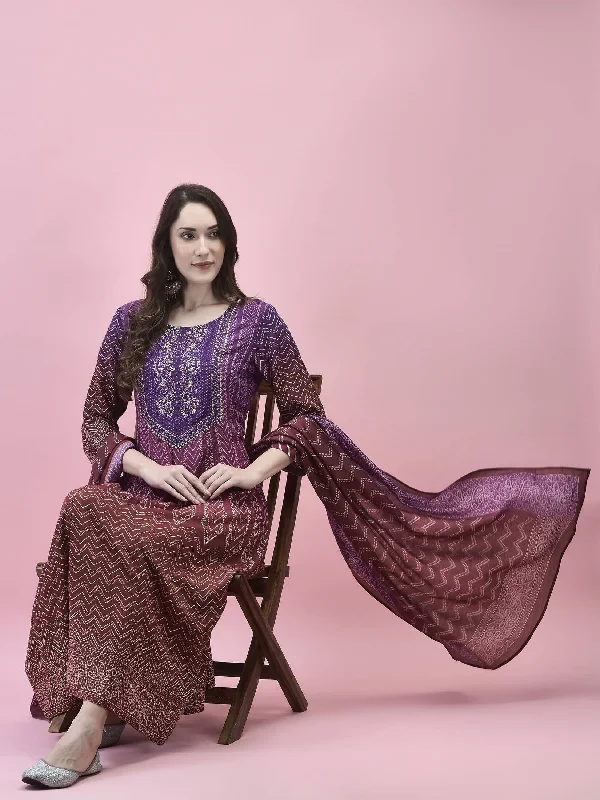 Women Liva Rayon Purple Embroidered Dress With Dupatta