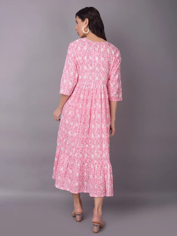 Women Pink V-Neck Printed Dress