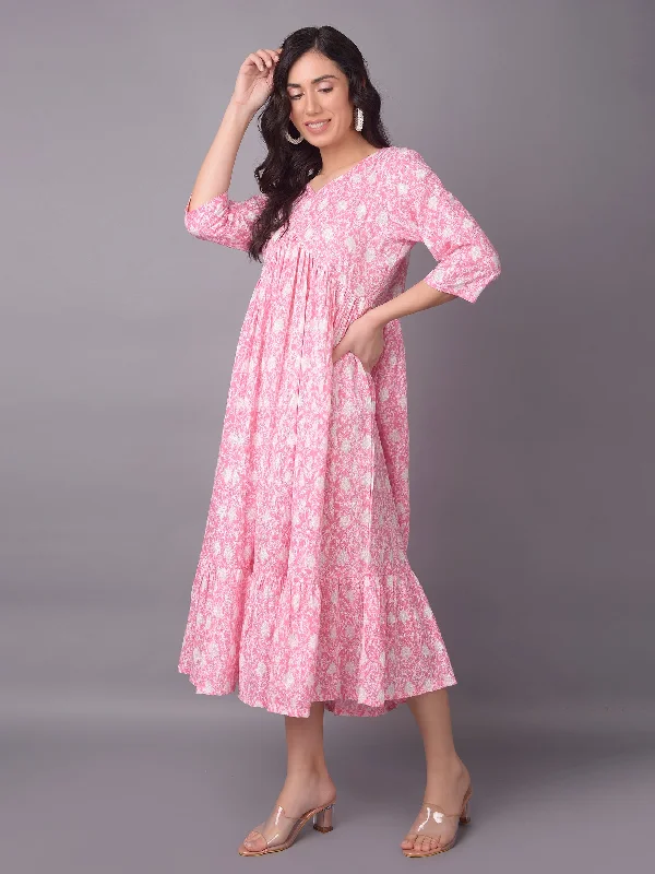 Women Pink V-Neck Printed Dress