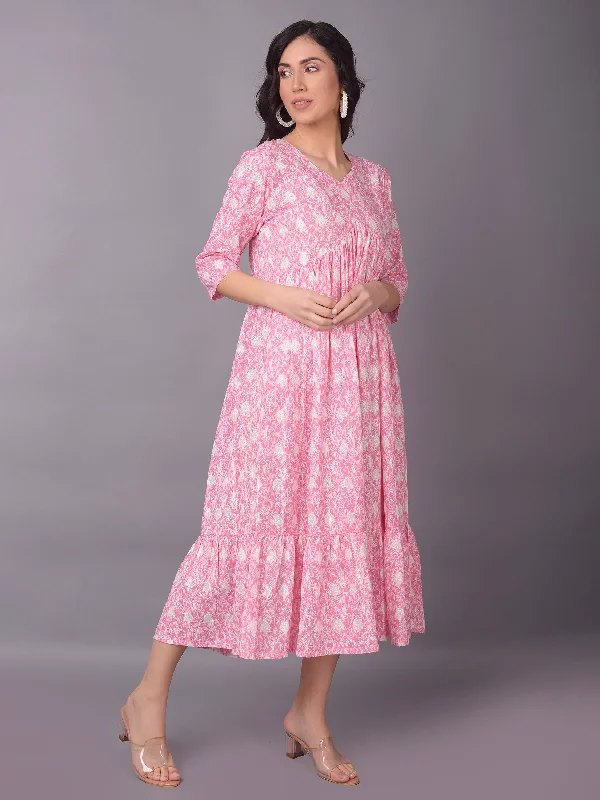 Women Pink V-Neck Printed Dress