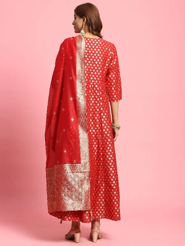 Women Red Butti Printed Dress With Dupatta