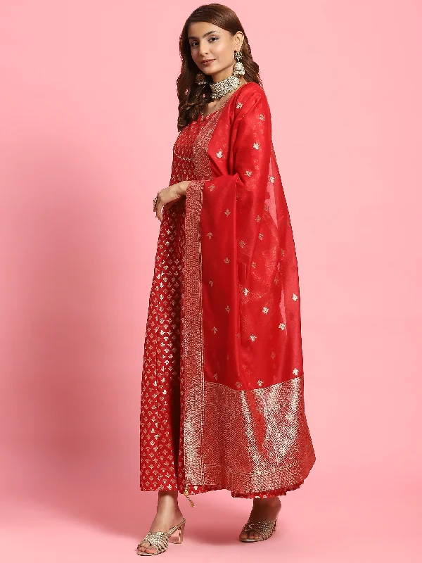 Women Red Butti Printed Dress With Dupatta