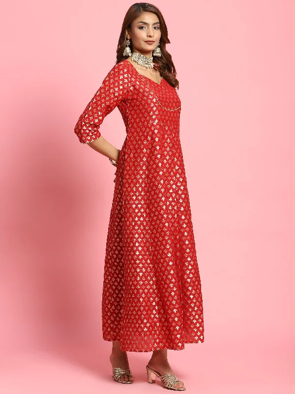 Women Red Butti Printed Dress With Dupatta