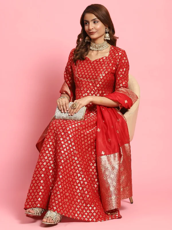 Women Red Butti Printed Dress With Dupatta