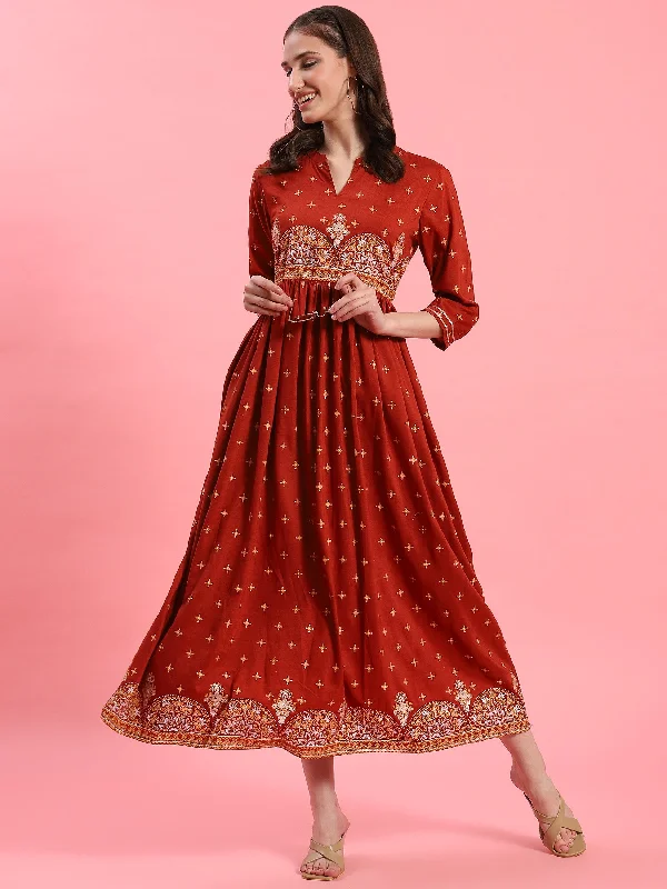 Women Rust Floral Printed Dress