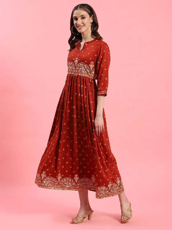 Women Rust Floral Printed Dress