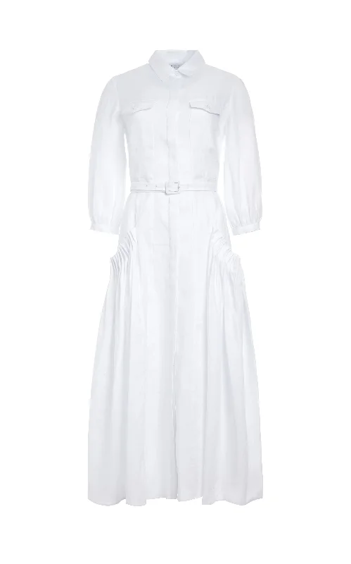 Woodward Pleated Shirtdress in White Aloe Linen