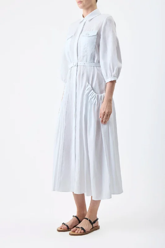 Woodward Pleated Shirtdress in White Aloe Linen