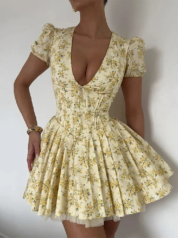 Yellow Deep V Short Puff Sleeve Mini Dress